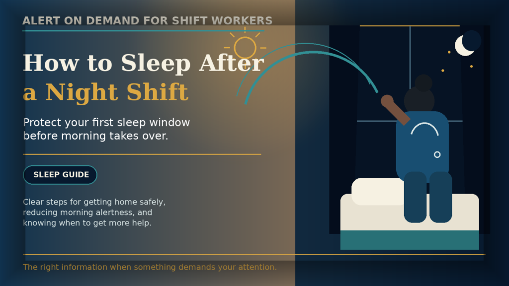 Tired night-shift worker beside a dark bedroom at sunrise, with the headline How to Sleep After a Night Shift.