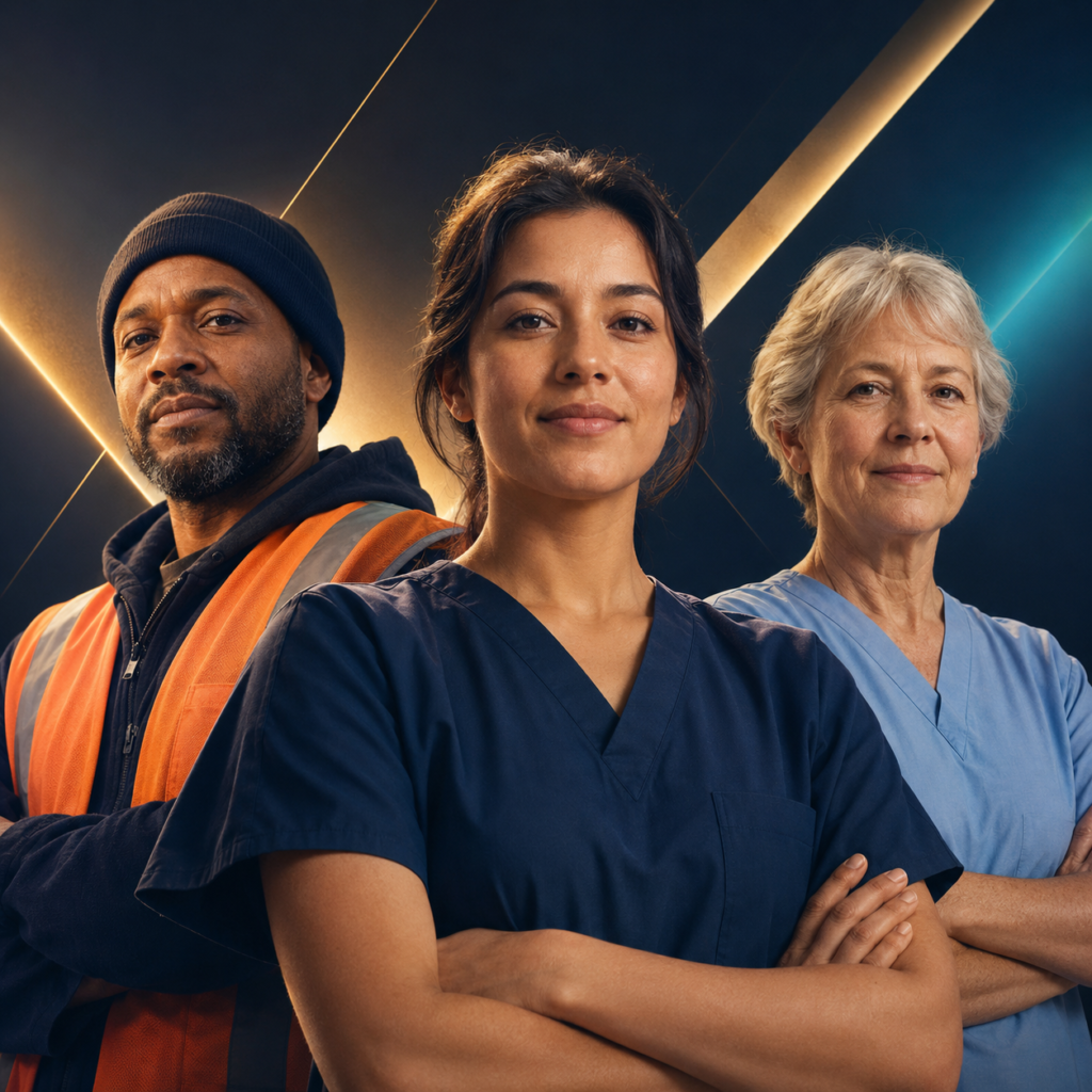 Three diverse shift workers from healthcare and industrial professions standing together