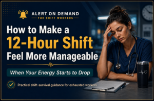 Tired nurse during a 12-hour shift beside the headline How to Make a 12-Hour Shift Feel More Manageable