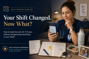 Shift worker in navy scrubs checking a phone schedule update beside a planner and reset checklist, illustrating a 24–72 hour reset plan after a sudden shift change.
