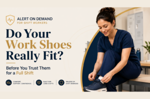 Nurse in navy scrubs tying a work shoe beside the words “Do Your Work Shoes Really Fit?”