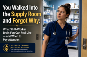 Nurse experiencing brain fog in a hospital supply room during a long shift