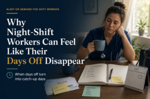 Night-shift nurse on a day off surrounded by errands, appointments, bills, and a planner as catch-up tasks compete for personal time.