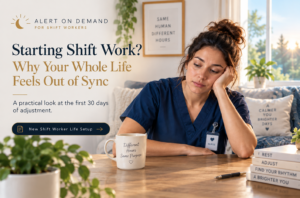 New shift worker in navy scrubs adjusting to a new work schedule during the first 30 days