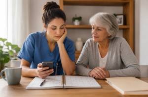 Shift worker in blue scrubs reviewing a calendar and phone with an older parent at home before a medical appointment.